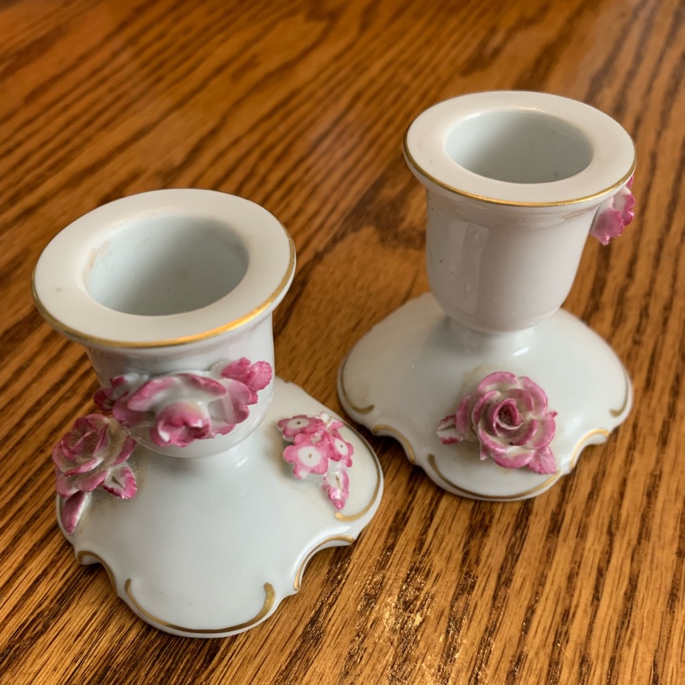 Dresden porcelain candlestick , gold and roses details, made in West Germany,